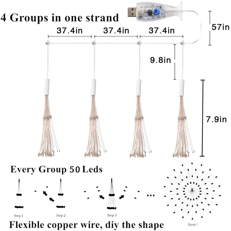4 шт., серия подключения, 29 режимов, подвесной светильник Starburst, медный светильник для фейерверка, сказочный Рождественский светильник, s пульт дистанционного управления