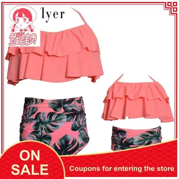 

2020 Explosion Models Mother Daughter Parent-child Swimsuit High Waist Bikini Split Printing Ruffled Family Suspenders Swimsuit