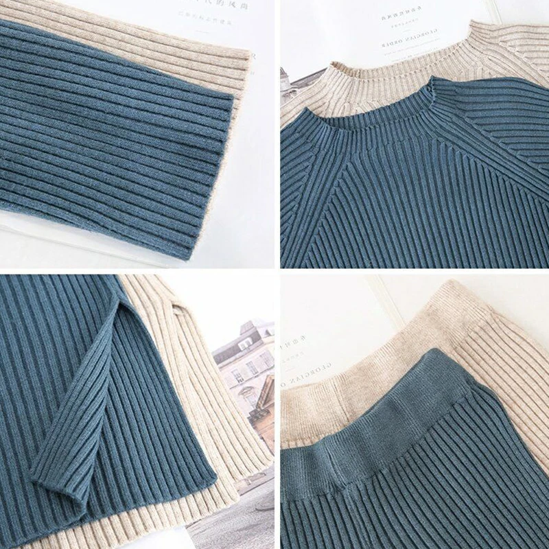 WYWM 2021 Pit Stripes Knitted Sets Women Casual Wide Leg Pants Winter Chic Ladies Two Pieces Pullover Sweater Tops Solid Clothes