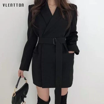 

Vintage Chic Slim With Belt Blazers Women Korean Sashes Suit Jacket Female Outwear Black Work Office Long Blazer Coat Feminino