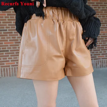 

European Fashion Women Genuine Leather Shorts Female New High Elastic Waist Sheep Skin Pants Wide Leg Red/Green Calzones Mujer