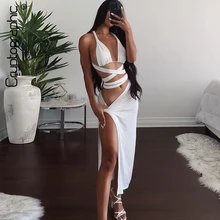 Cryptographic White Sexy Bandage 2 Piece Women Sets Drawstring Ruched Sleeveless Party Split Skirt Fashion Outfit Matching Set