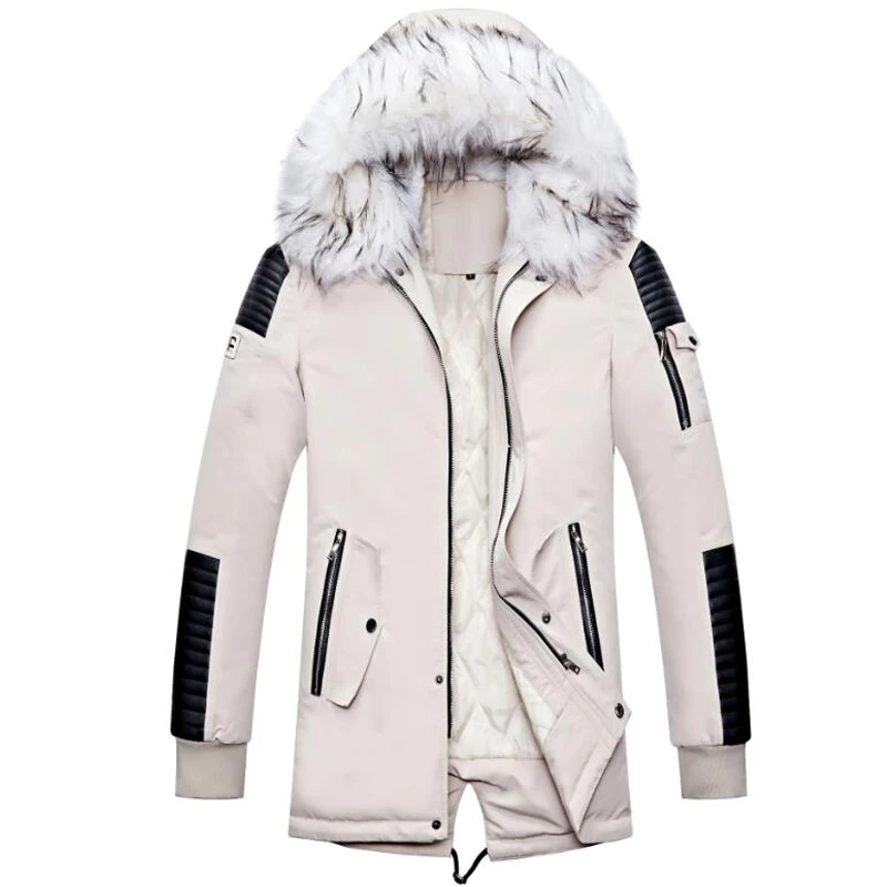 Beige Новая модная белая длинная куртка с меховым воротником Мужская Зимняя Повседневная Лоскутная цветная утолщенная теплая парка верхняя одежда ветровка пальто одежда - Цвет: Beige