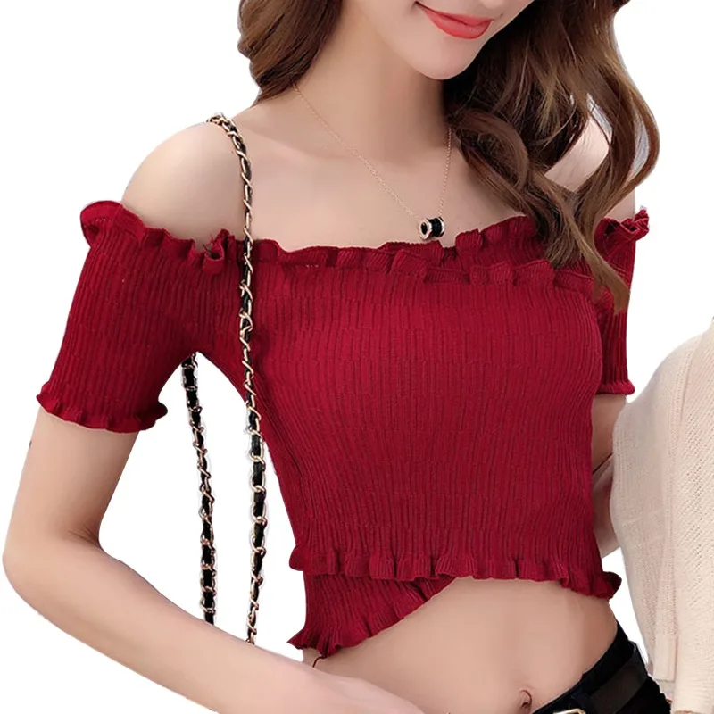 

Sexy Off the Shoulder Cropped T-shirt Women Summer Short Sleeve Ruffles T-Shirt Top Ladies Elastic Knitted Short Tee Top