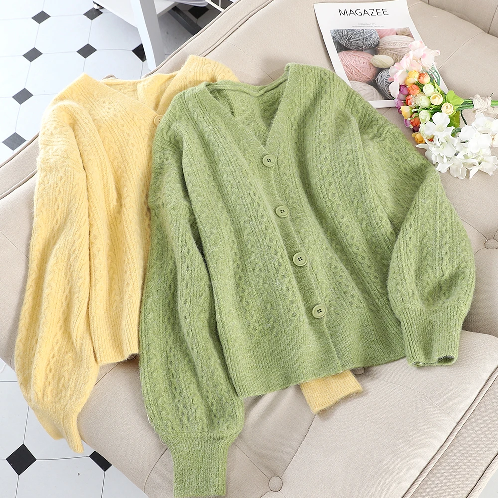 SINGRAIN Solid Sweaters Autumn Women Knitted Tops Korean Style Retro Lantern Sleeves V-Neck Casual Plus Size Female Cardigans |