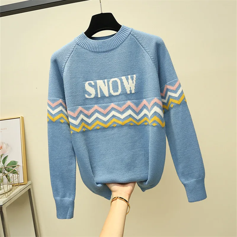 

Letter Stripe Warm Loose O-Neck Knitted Sweater Pullover All Match Autumn Knitwear Sueter Mujer Long Sleeve Fashion Women New