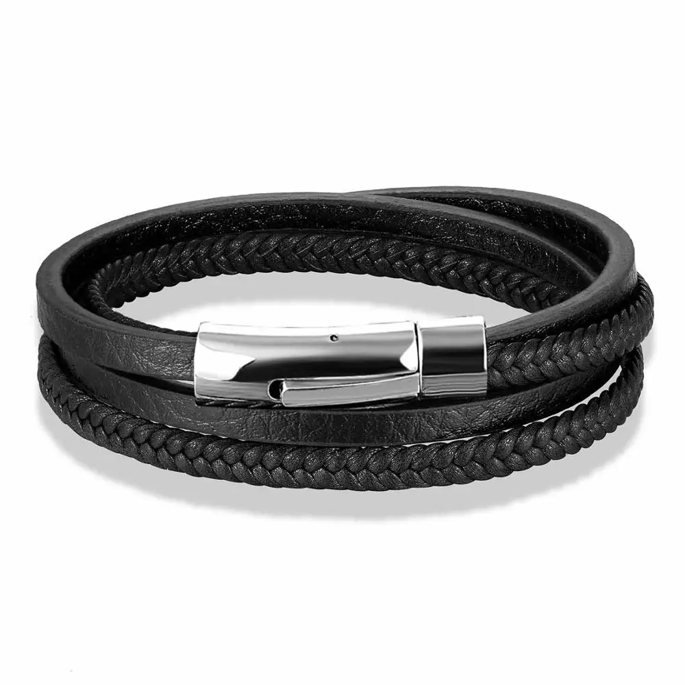 

Punk Style Design Multi Layer Braid Genuine Leather Bracelet For Men Stainless Steel Magnetic Button Birthday Gift Male Bangles