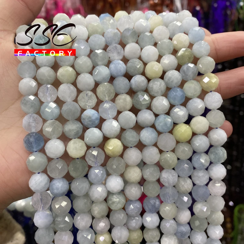 Faceted Natural Aquamarines Stone Beads Loose Spacer Beads For Jewelry Making DIY Bracelets Necklace Accessories 6 8 10mm 15''