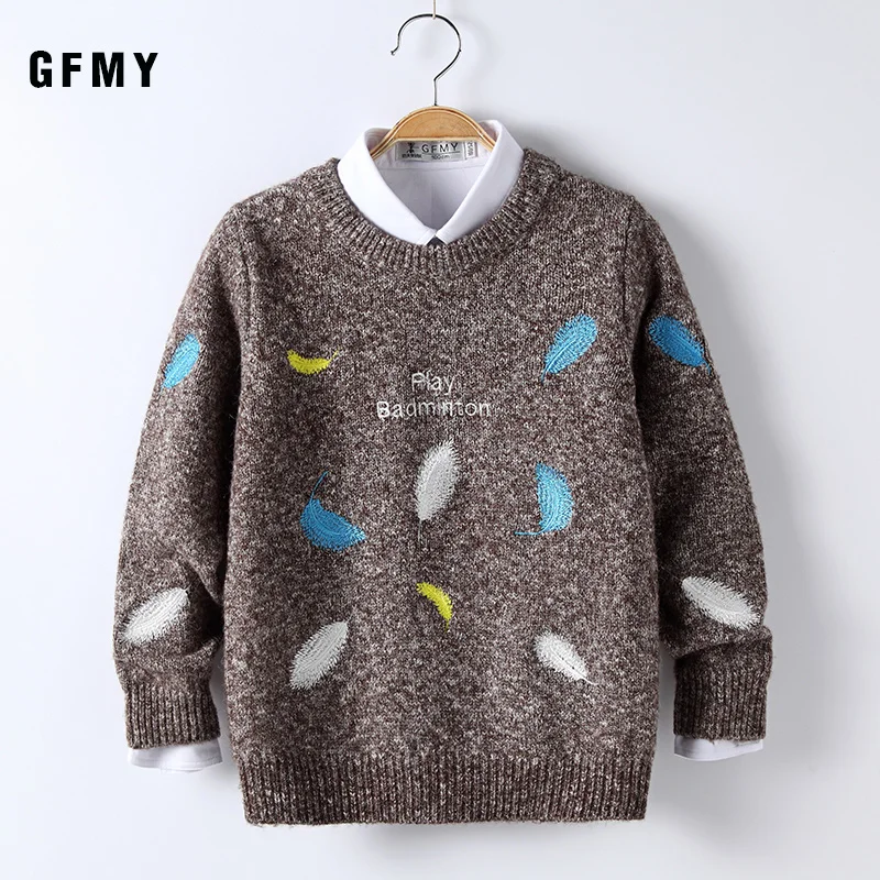 GFMY/ г. Осень-зима, Модные Цветные свитера с круглым воротником и вышивкой для мальчиков теплая шерстяная одежда для детей