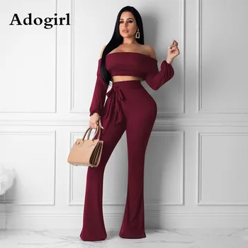 

Woman Solid Color 2 Piece Suite Slash Neck Long Sleeve Short Tops and Long Wide Pants with Sashes 2019 Autumn Casual Outwear