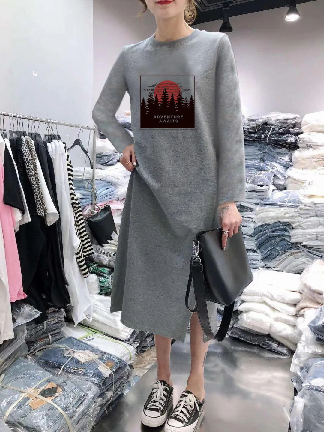

2020 Spring Summer Short-sleeve Dress Women's Casual Belly Covering Large Size Loose-Fit Mid-length over-the-Knee Base Long Slee