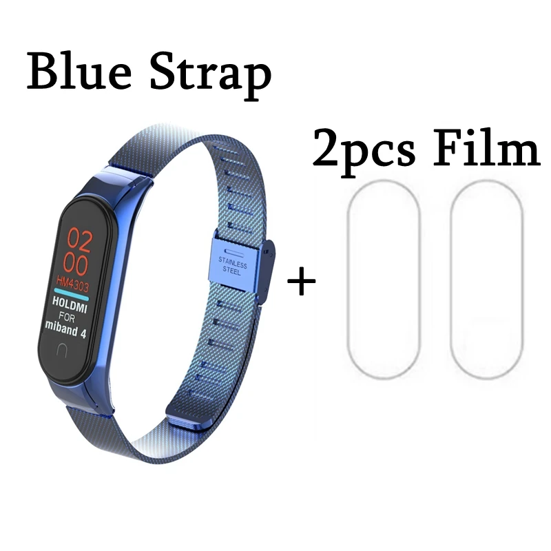 Blue Mi band 4 металлический ремешок с пленкой Mi Band 4 3 умный Браслет замена цвета из нержавеющей стали Miband 3 4 ремешок Пряжка Браслеты - Цвет: Blue