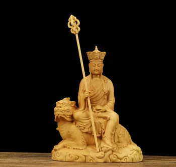 

4.3" Chinese Box-wood Hand-carved Tang Monk Ksitigarbha Ride Diting Beast Statue
