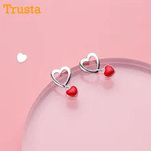 Trusta 925 пробы серебряные женские ювелирные изделия, модные маленькие серьги-гвоздики с красным сердцем 9 мм X 16 мм для девочек DS577