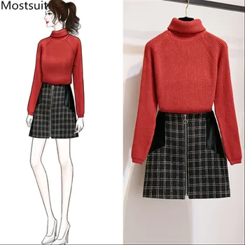 

Autumn Winter Elegant Fashion Skirts Set Women Two Piece Set Plus Size Turtleneck Sweater Tops And Zipper Plaid Skirt Sets Suits