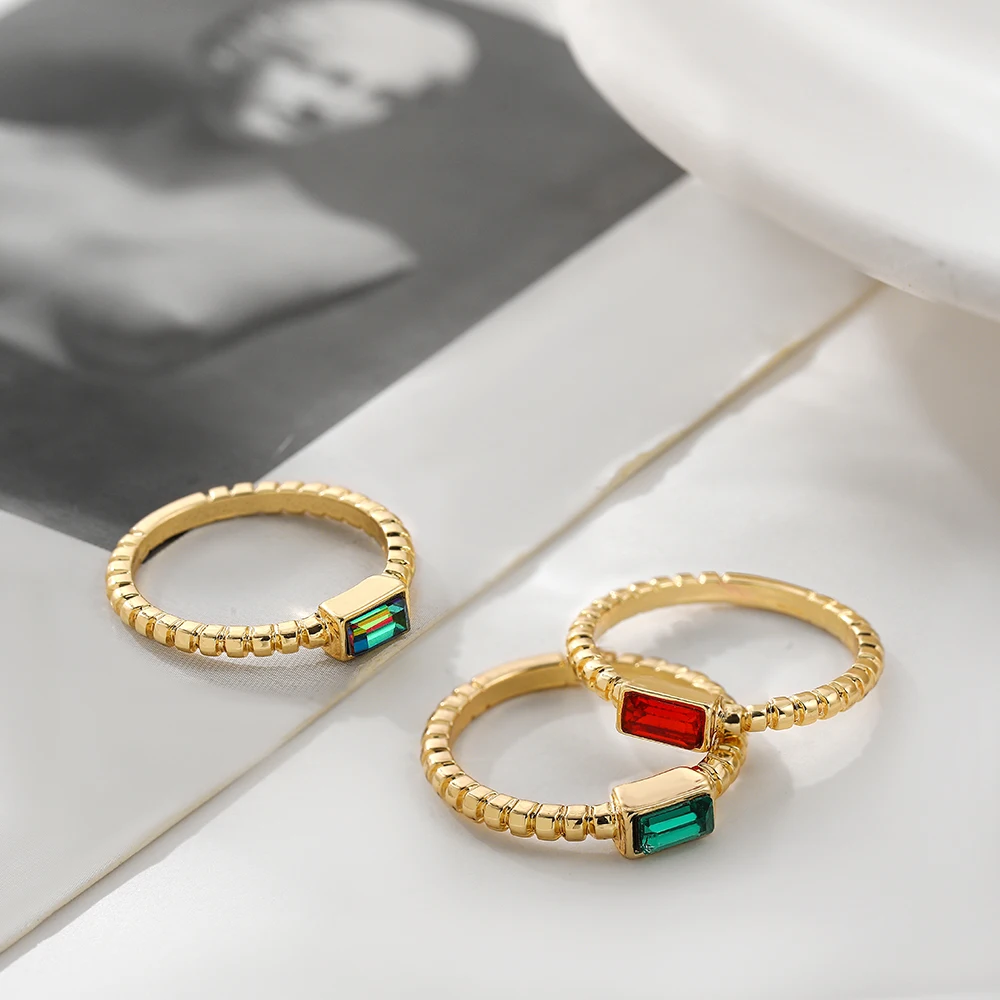 Geometric Square Multicolor Crystal Rings for Women Girls Korean Couple Gold Color Metal Thin Finger Rings Wedding Jewelry Gifts
