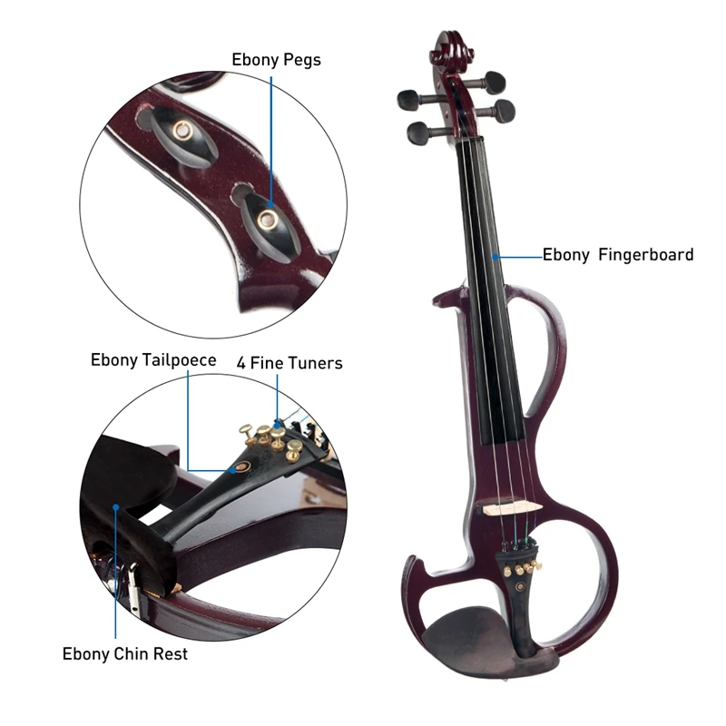 ELOS-Naomi Violin Full Size 4/4 Solid Wood Electric Violin Basswood Body Ebony Fingerboard Pegs with Ebony Ebony Accessories