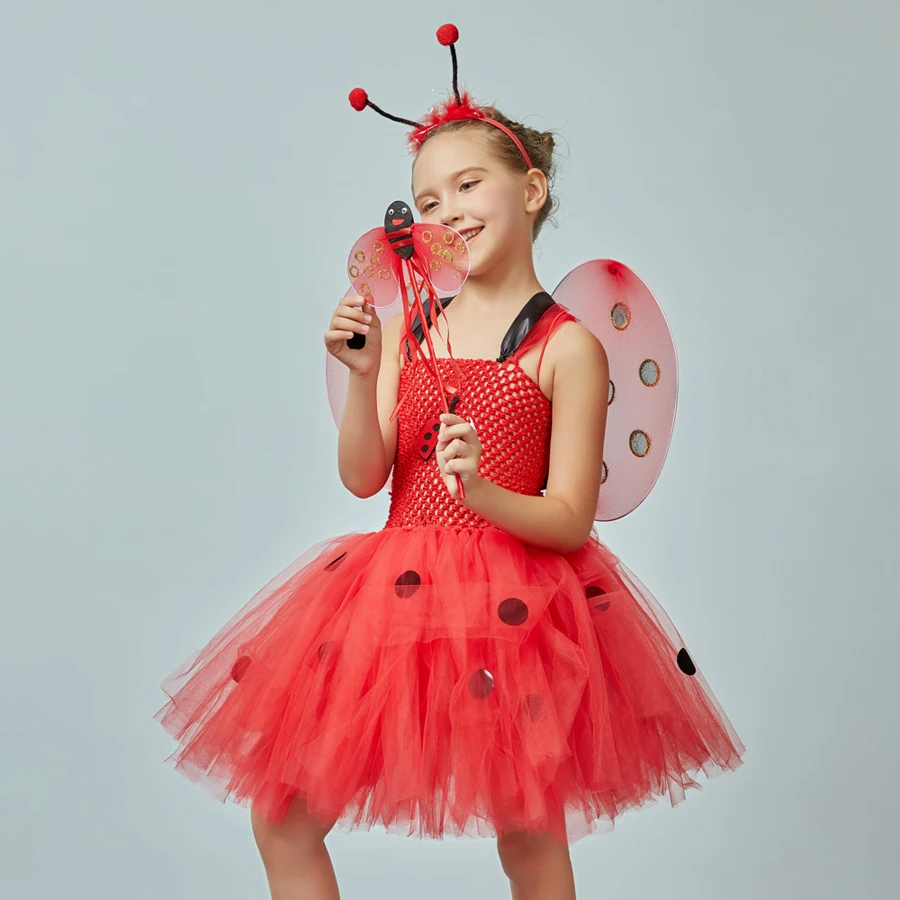 Girls Ladybug Tutu Dress Kids Ladybug Halloween Birthday Insect Animal Costume Girls Fancy Dress with Wings Antenna and Wand  (6)