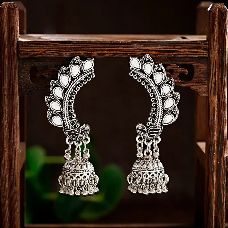 Античные цыганские индийские серьги Jhumka для женщин и девочек, винтажные серебряные серьги с цветами и птицами, Резные длинные серьги-подвески с кисточками, ювелирные изделия