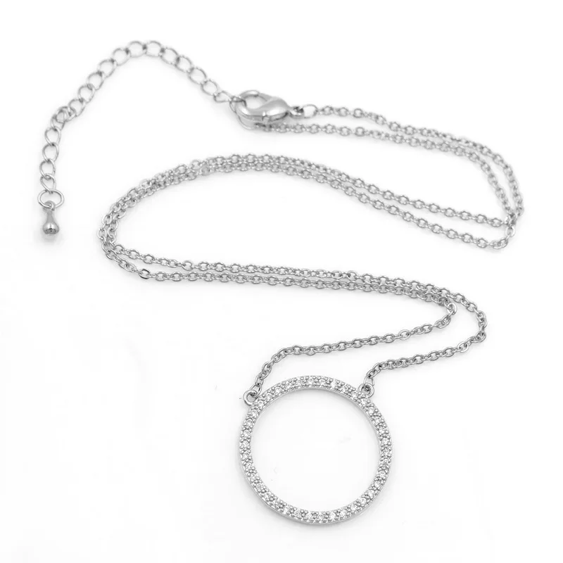 Cubic Zirconia CZ Circle Pendant Necklace and Earring Circular Zircon Jewelry Set for Women in Rhodium / Rose Gold Color - Image 5