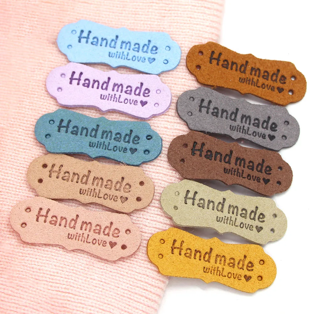 20Pcs PU Leather Labels Tags For Handmade DIY Hats Bags Hand Made With Love Label For Clothes Sewing Tags Garment Accessories