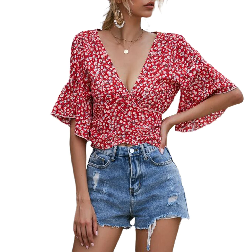 

Stylish Women Slim Fit Top Summer Cardigan Straps Floral Pattern Outfit Lady Crop Top