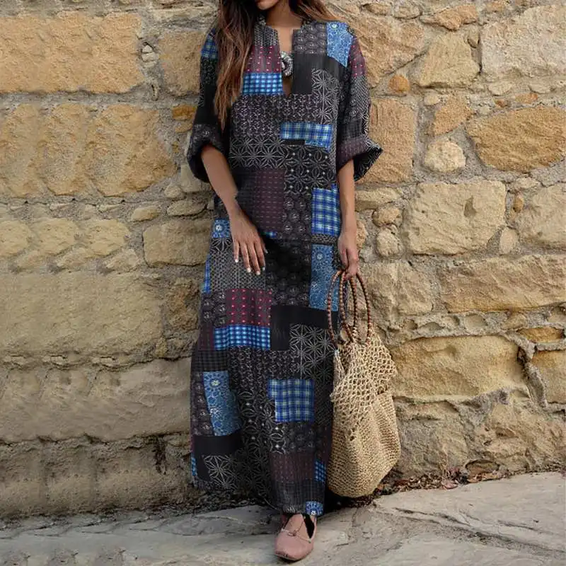 

VONDA Women's Autumn Sundress 2020 Kaftan Printed Dress Long Sleeve Maxi Vestidos Female Casual Patchwork Robe Femme Oversized