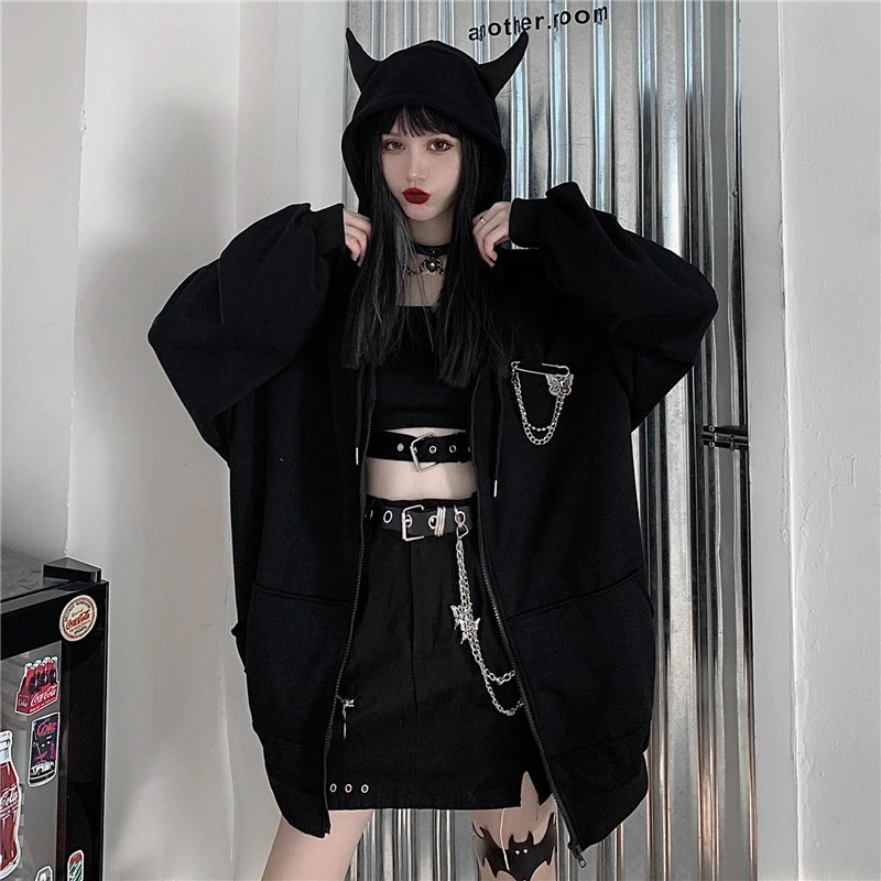 verbergen krant zoeken Deeptown Emo Zip Up Hoodie Vrouwen Harajuku Punk Gothic Sweatshirt Zwarte  Duivel Hoorn Rits Jas Oversized Streetwear Alt Kleding|Hoodies en sweaters|  - AliExpress