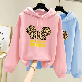 

M-XXL Plus Size Women Hoodies Casual Print Cartoon Mouse Drawstring Sweatshirt Ladies Long Sleeve Hooded Spring Female Pullover