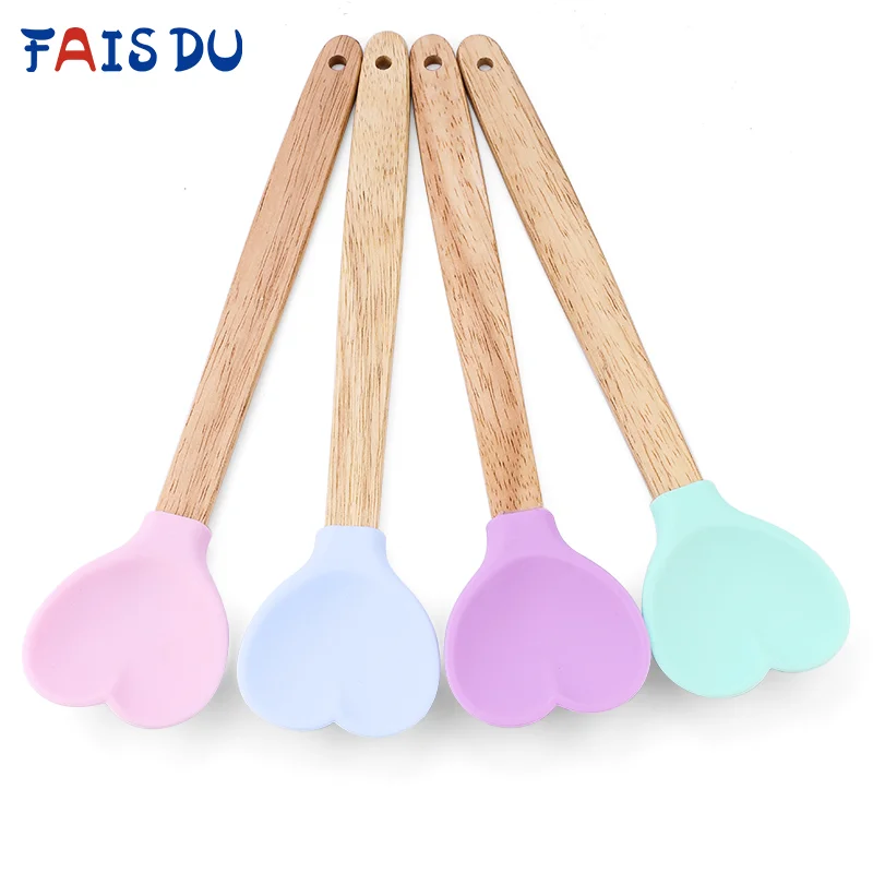 Silicone Heart Shape Pastry Spatulas with Wooden handle