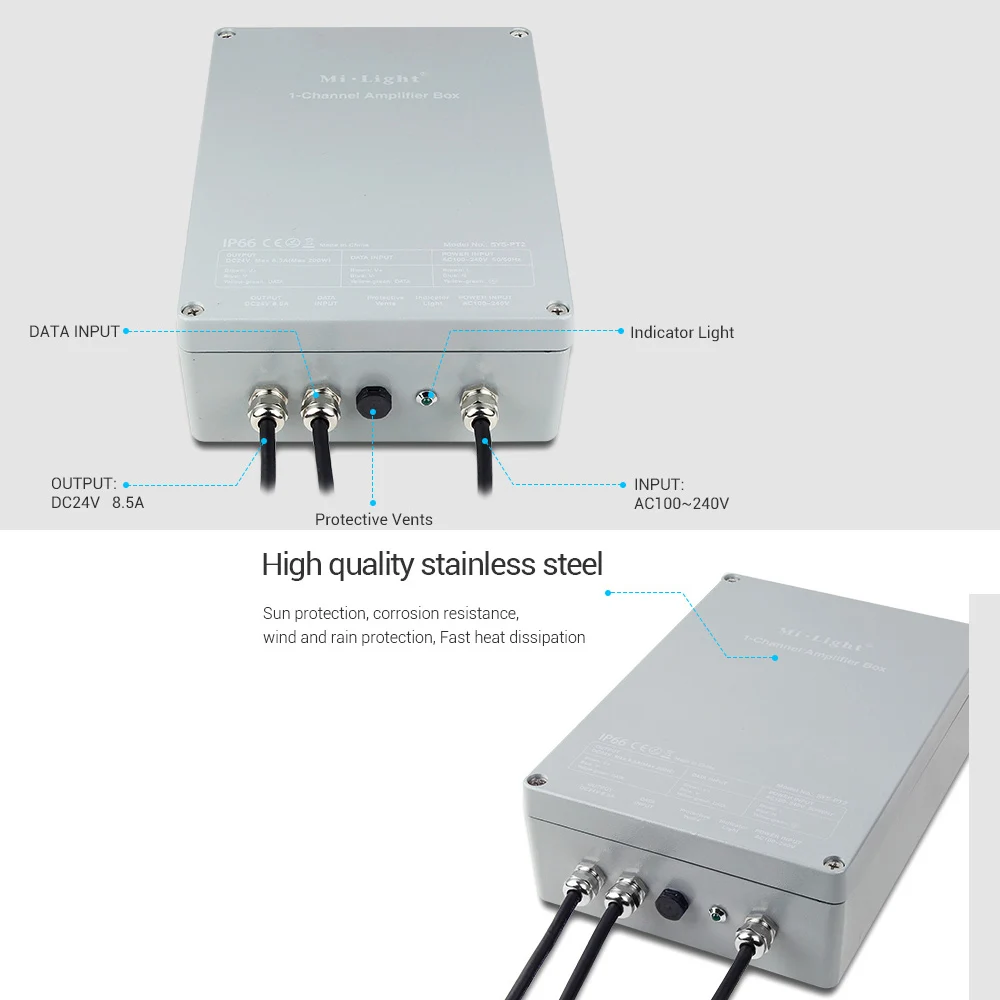 Miboxer SYS-PT2 1-Channel led Amplifier Box Input AC100~240V Output DC24V Max 200W Waterproof IP66 led controller