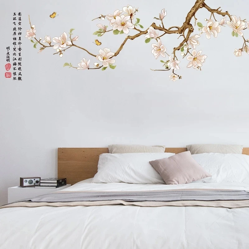 Adesivi murali stile cinese fiori TV sfondo soggiorno decorazione
