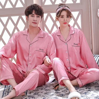 

New Satin Silk Pajamas Couple Long Sleeve Solid Homewear Men and Women Home Sleepwear Suit Cardigan Plus Size Pijama Pajama Set