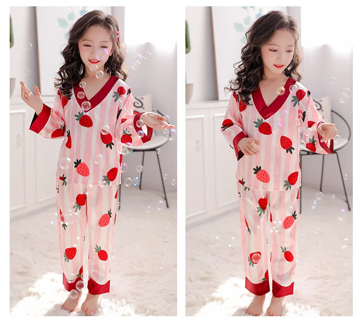 Kids Pyjamas Print Girls Sleepwear Ice Silk V-neck Children Pajamas Set 2020 Spring Kids Outfits Homewear 10 12 Y Pijamas kids