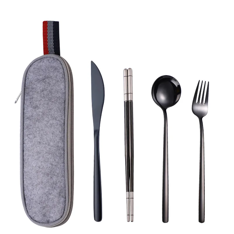 black cutlery Набор посуды для путешествий, кемпинга, набор столовых приборов, многоразовый кухонный Полировочный столовый нож, ложка, вилка, палочки для еды, портативный набор столовых приборов - Цвет: black cutlery