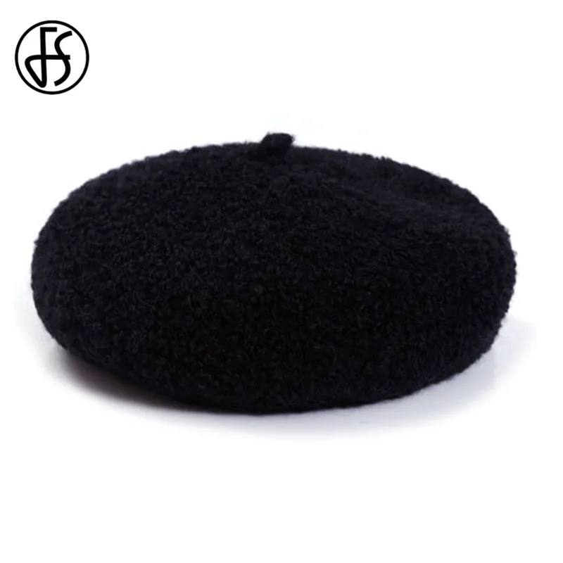 FS модный шерстяной зимний берет, шапка для женщин, розовая вязанная шапка, Модный берет для взрослых девушек, одноцветная черная Модная женская шапка