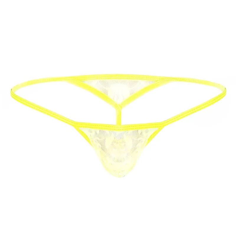 Yellow Sissy Мужское нижнее белье, низкая посадка, прозрачное, кружевное, с мешочком, открытая ягодица, Т-образная спина, стринги, мини бикини, нижнее белье, Homme, сексуальные трусики - Цвет: Yellow
