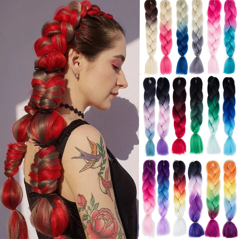 Mejor vendedor  LUPU 24 "Jumbo trenza sintética extensiones de cabello para trenzas las mujeres pelo trenzado Ombre rojo rosa púrpura rubia fibra resistente al calor nlK8QBMxY