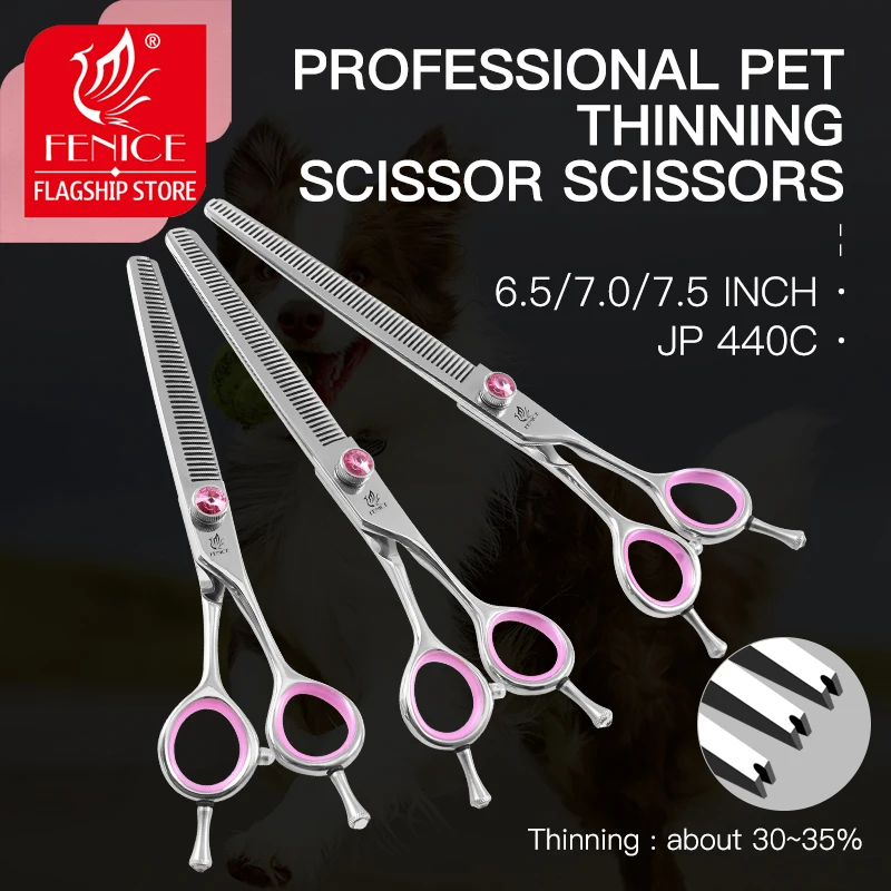 Fenice Japan 440C stainless steel 6.5/7.0/7.5 inch pet dog pink grooming thinning scissor  thinning rate 35% 6 0 inch hair cutting scissors professional thinning hairdressing scissor for hair 440c japan steel scissor set shear