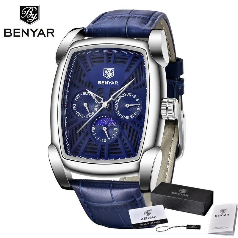 BY515303 with box Benyar мужские спортивные наручные часы Авто Дата водонепроницаемые мужские военные армейские часы лучший бренд класса люкс синие мужские часы из натуральной кожи 5153 - Цвет: BY515303 with box