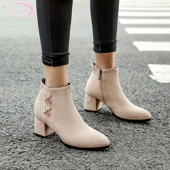 

Casual style comfortable round toe flock ankle boots fashion zipper beige black high heel thick riding boots women's shoes