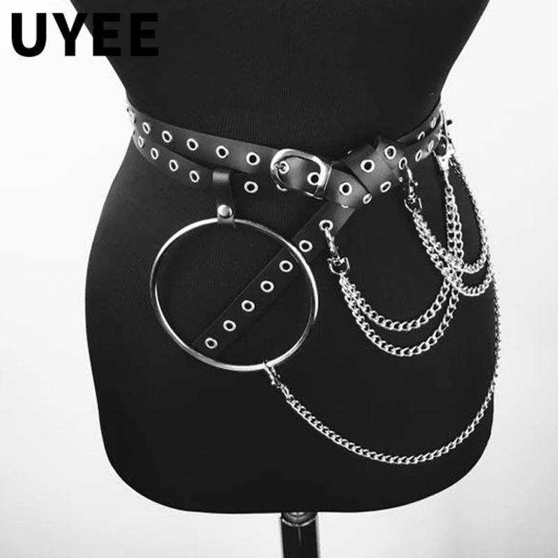 Uyee Unisex Pu Leather Harness Belts Big O Ring Metal Chain Waist Belt