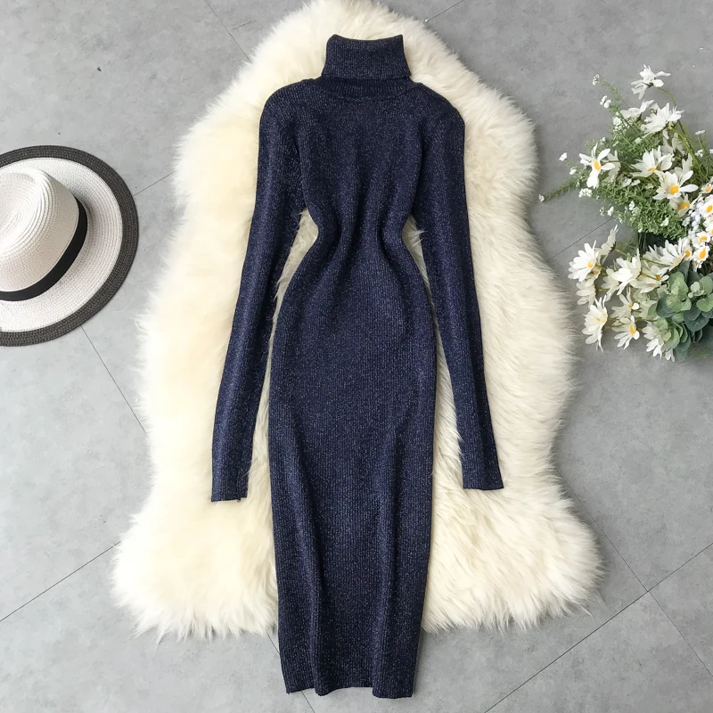 Autumn Winter Dress Women Warm Turtleneck Glitter Knitted Sweater Dress Casual Bodycon Midi Dress Long Sleeve Ladies Dresses