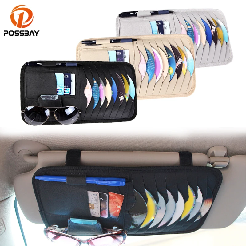 POSSBAY Universal Auto Car Sun Visor Leather CD Card Holder Organizer