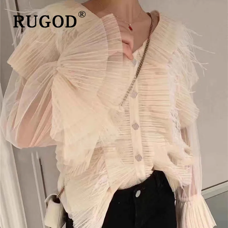 RUGOD, новинка, осенняя женская рубашка, v-образный вырез, однобортная, плиссированная, перо, длинный рукав, блузка, модная, женская, элегантная, милая, топы