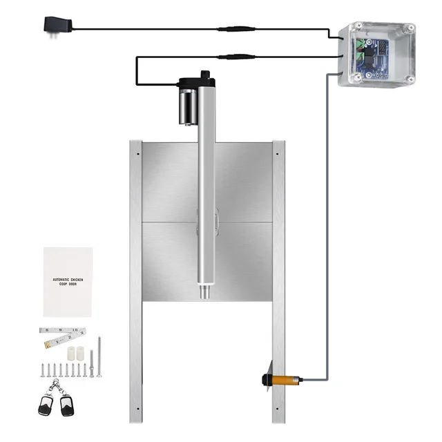 Automatic Chicken Door Coop Opener Kit Waterproof Outdoor Timer Light Sensor Controller Actuator Motor Poultry Cage Protection Silver