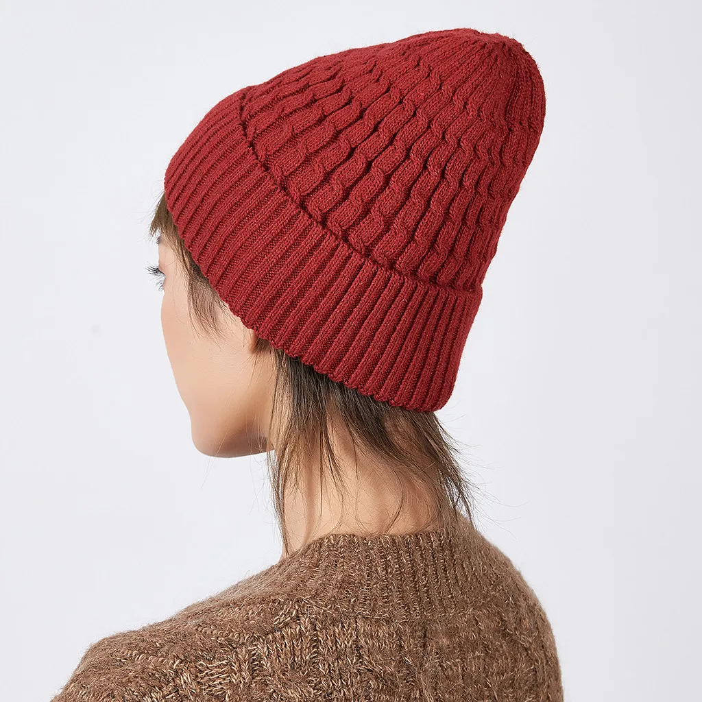 Women Autumn Winter Knitted Wool Hat Women Casual Beanie Cap Solid Color Thick Warm Winter Hats#3