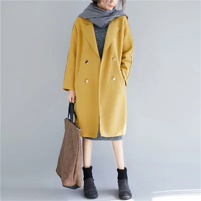 Yellow Осеннее зимнее длинное шерстяное пальто, женская куртка, модная двубортная теплая куртка с отворотом, повседневное свободное Женское пальто больших размеров - Цвет: Yellow
