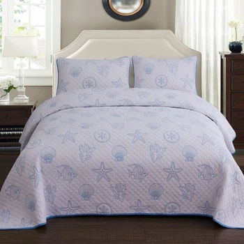 

1Pc Bed Cover+2 Pcs Pillowcases Sea World Bedspread Cotton Quilt Simple style white Blanket Shell starfish 1.5/1.8m/2.0m Bed
