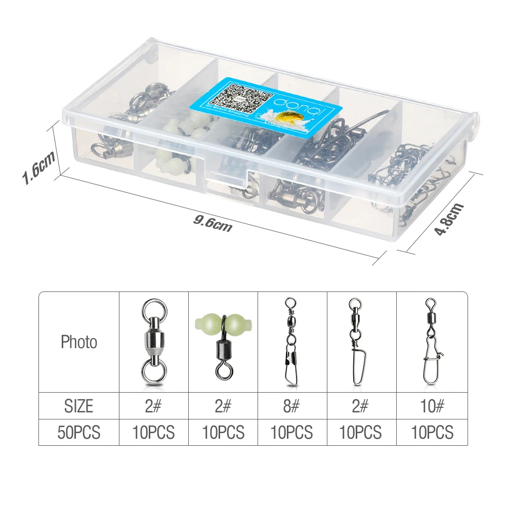 DONQL 50 шт./компл. смешанный рыболовный разъем Зажимная Пряжка Роллинг Вертлюги Твердые кольца Разъем светящаяся рыболовная наживка снасти